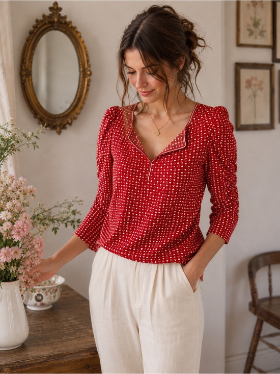 Max Studio Tops - Max Studio Red Polka Dot Puff Sleeve Blouse Size Small Cottagecore Feminine